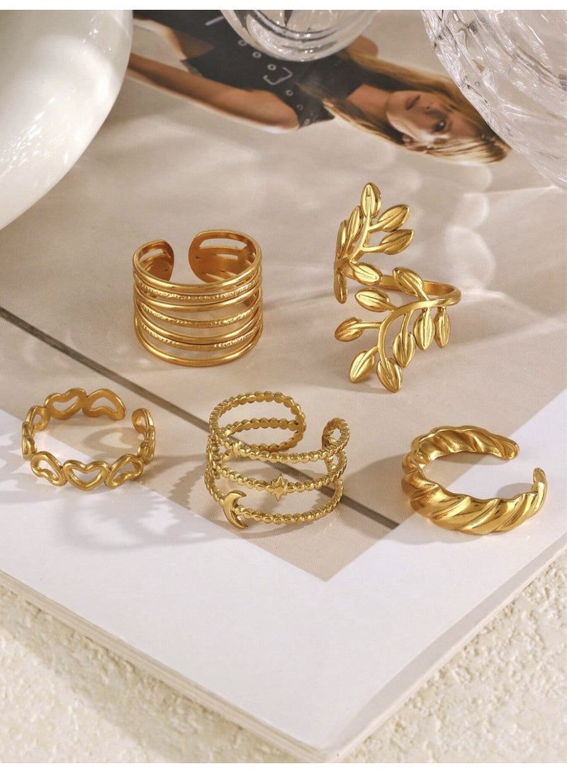veya SET OF 5 WOMEN’S LEAF DESIGN RINGS – STAINLESS STEEL - Image 4
